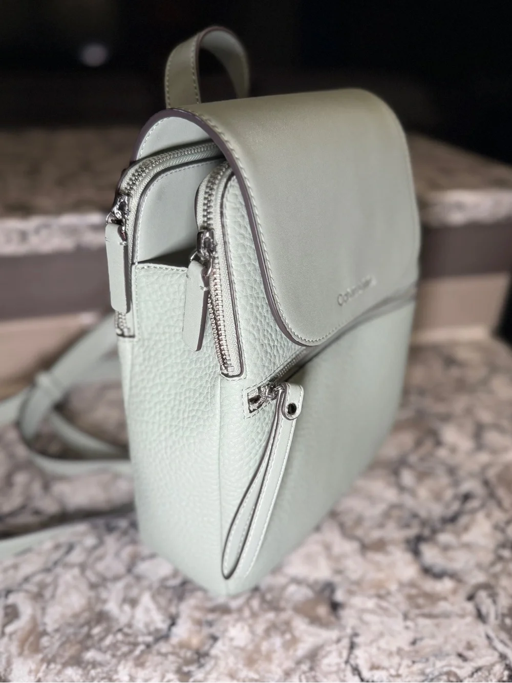 Calvin Klein Soft Mint Pebbled Leather Backpack. New without tags.